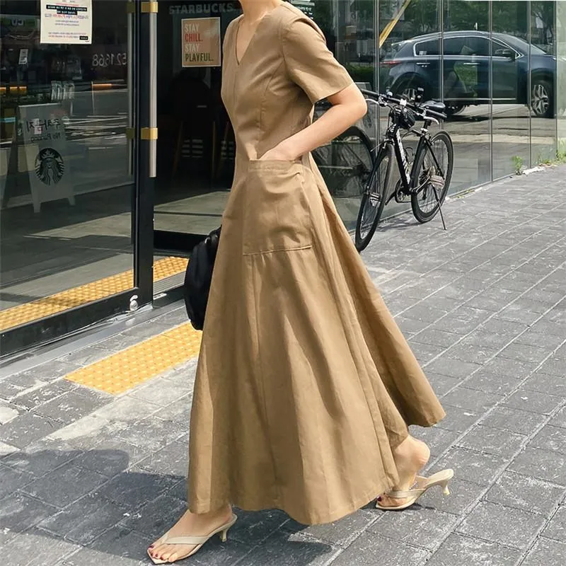 Women Short Sleeves Pocket V Neck Long Maxi Dresses