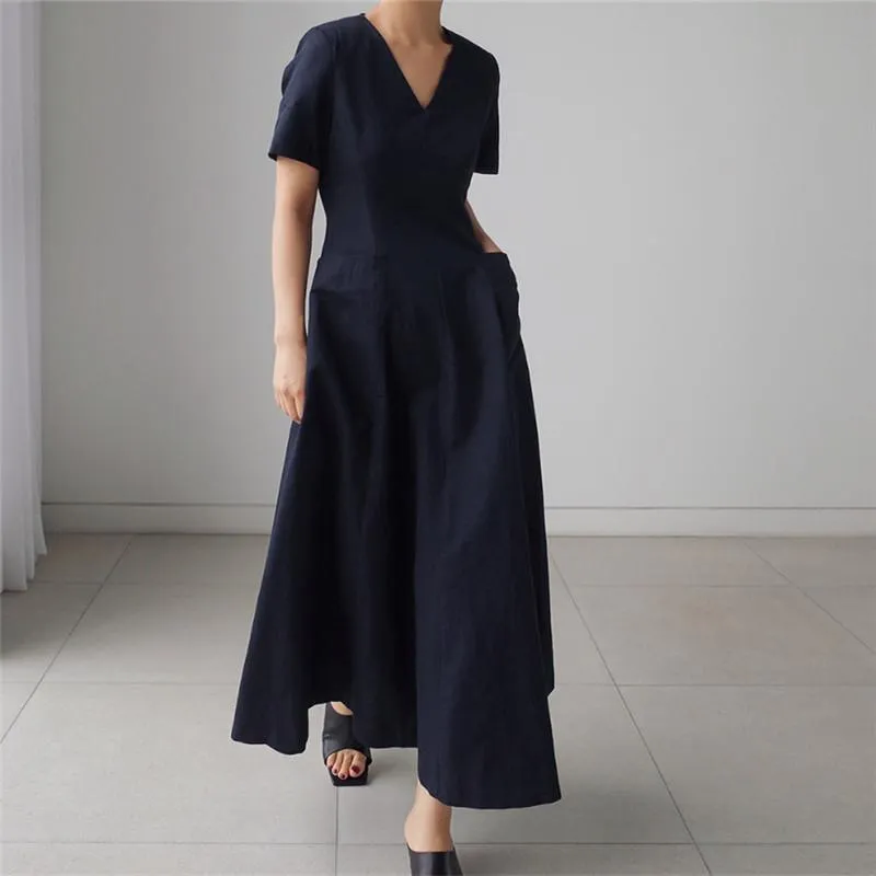 Women Short Sleeves Pocket V Neck Long Maxi Dresses