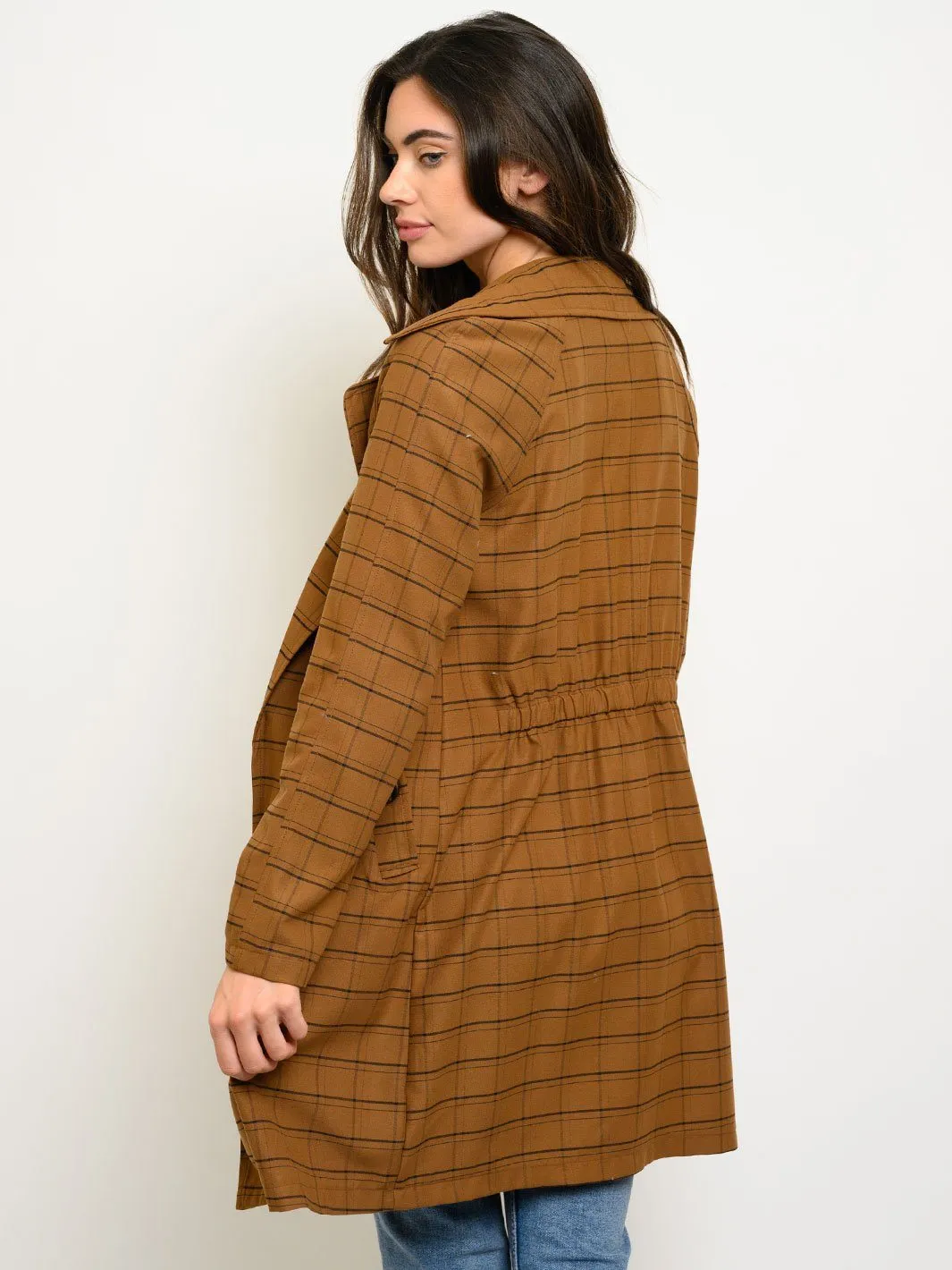 WOMEN'S LONG SLEEVE OPEN FRONT POCKETS CHECKERS PRINT COAT