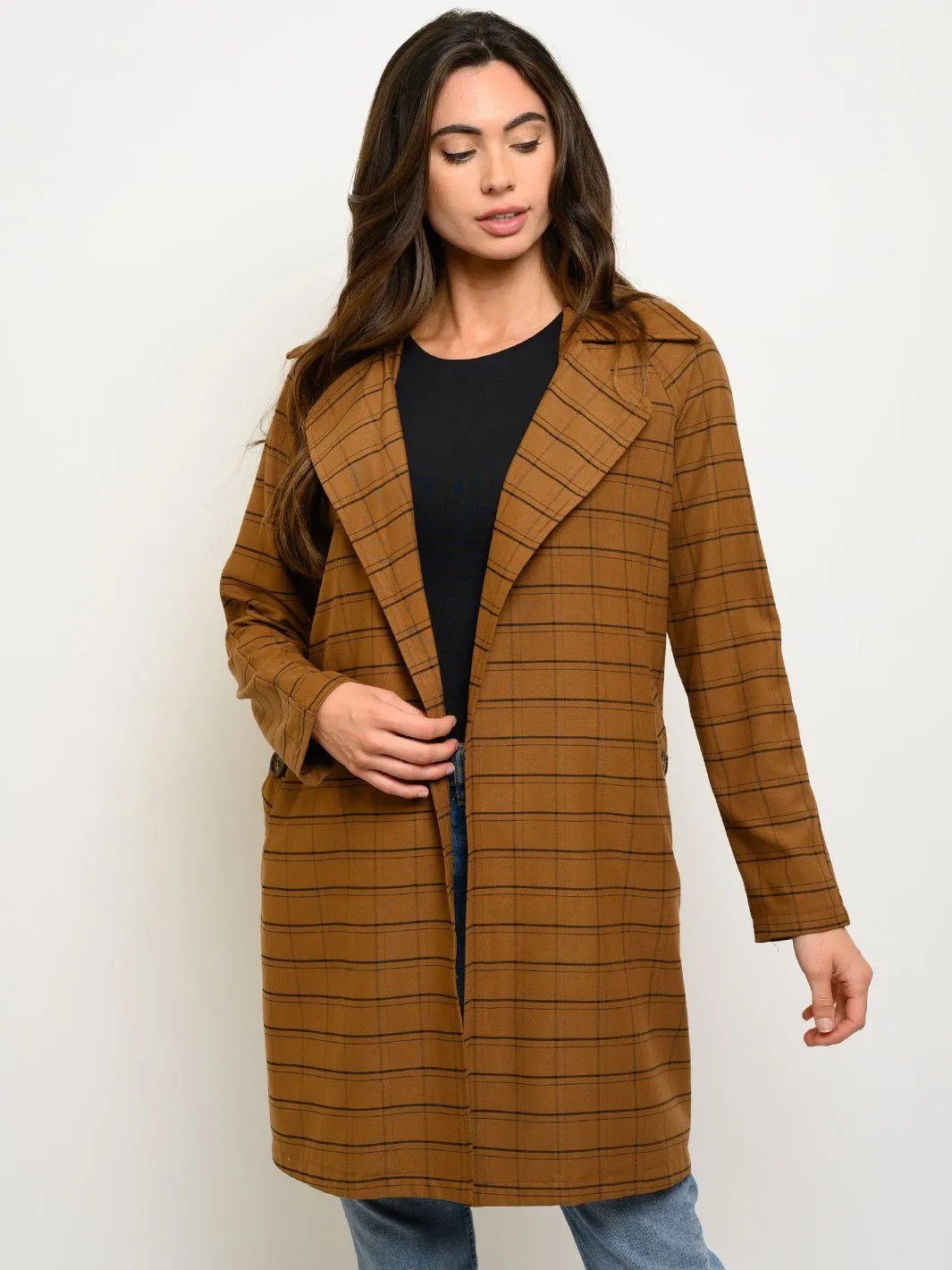WOMEN'S LONG SLEEVE OPEN FRONT POCKETS CHECKERS PRINT COAT