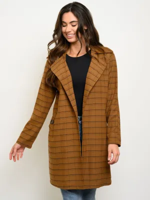 WOMEN'S LONG SLEEVE OPEN FRONT POCKETS CHECKERS PRINT COAT