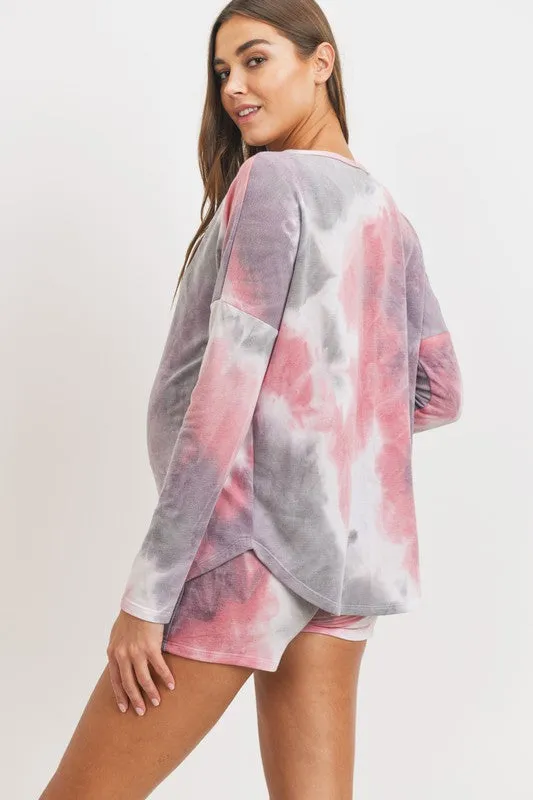 Women's long sleeve over the bump shorts pink & lavender Tie Dye Drop Shoulder lounge Set
