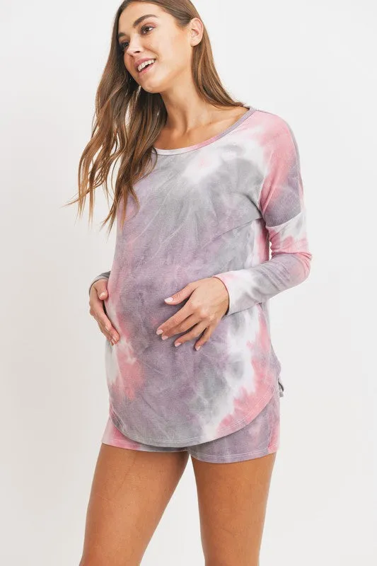 Women's long sleeve over the bump shorts pink & lavender Tie Dye Drop Shoulder lounge Set