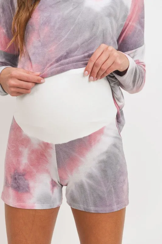 Women's long sleeve over the bump shorts pink & lavender Tie Dye Drop Shoulder lounge Set