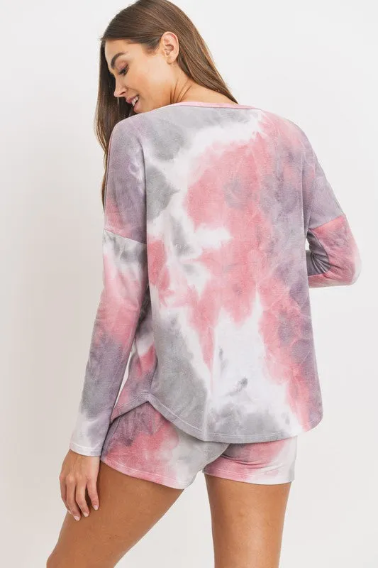 Women's long sleeve over the bump shorts pink & lavender Tie Dye Drop Shoulder lounge Set