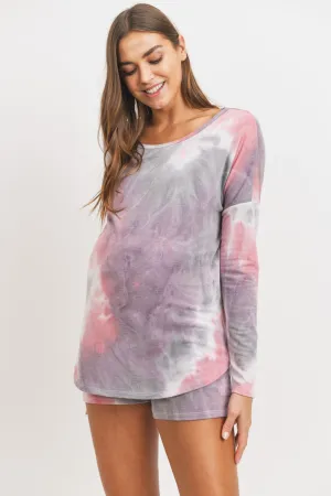 Women's long sleeve over the bump shorts pink & lavender Tie Dye Drop Shoulder lounge Set