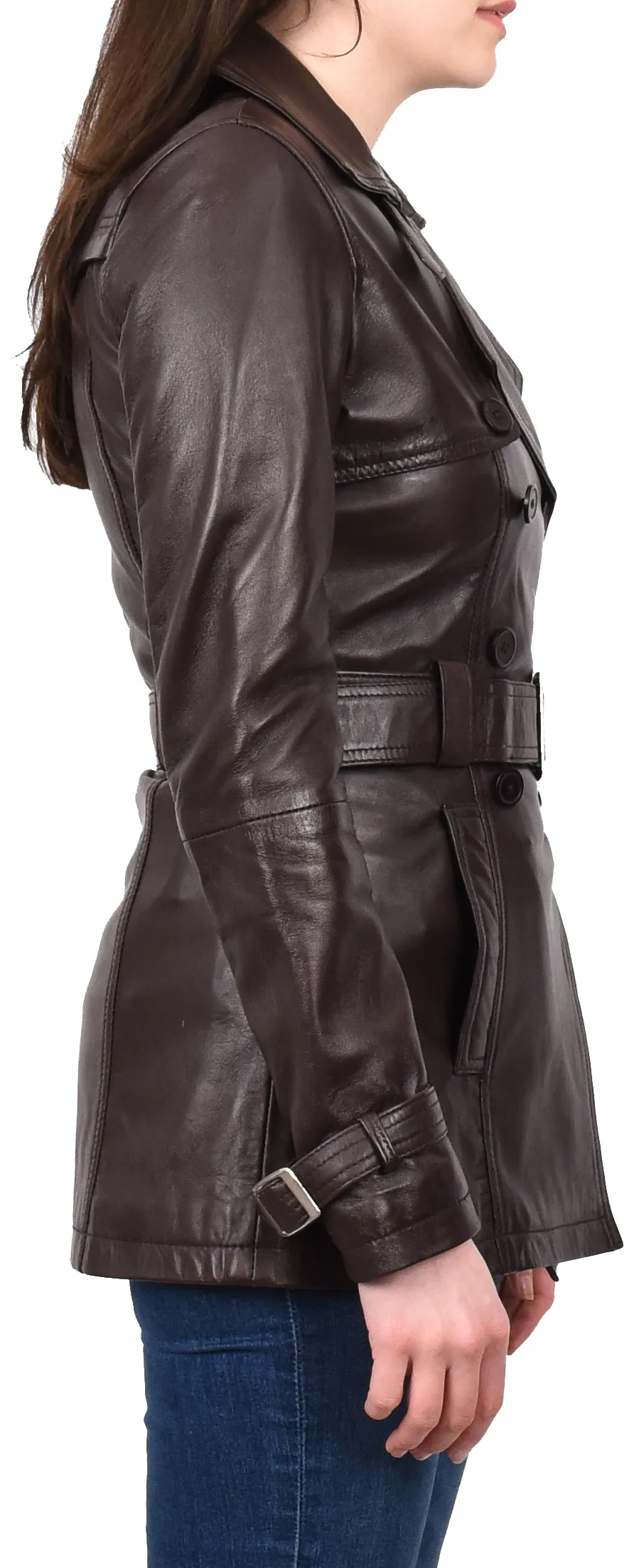 Women's Real Leather Buttoned Coat With Belt Brown GlamTrench