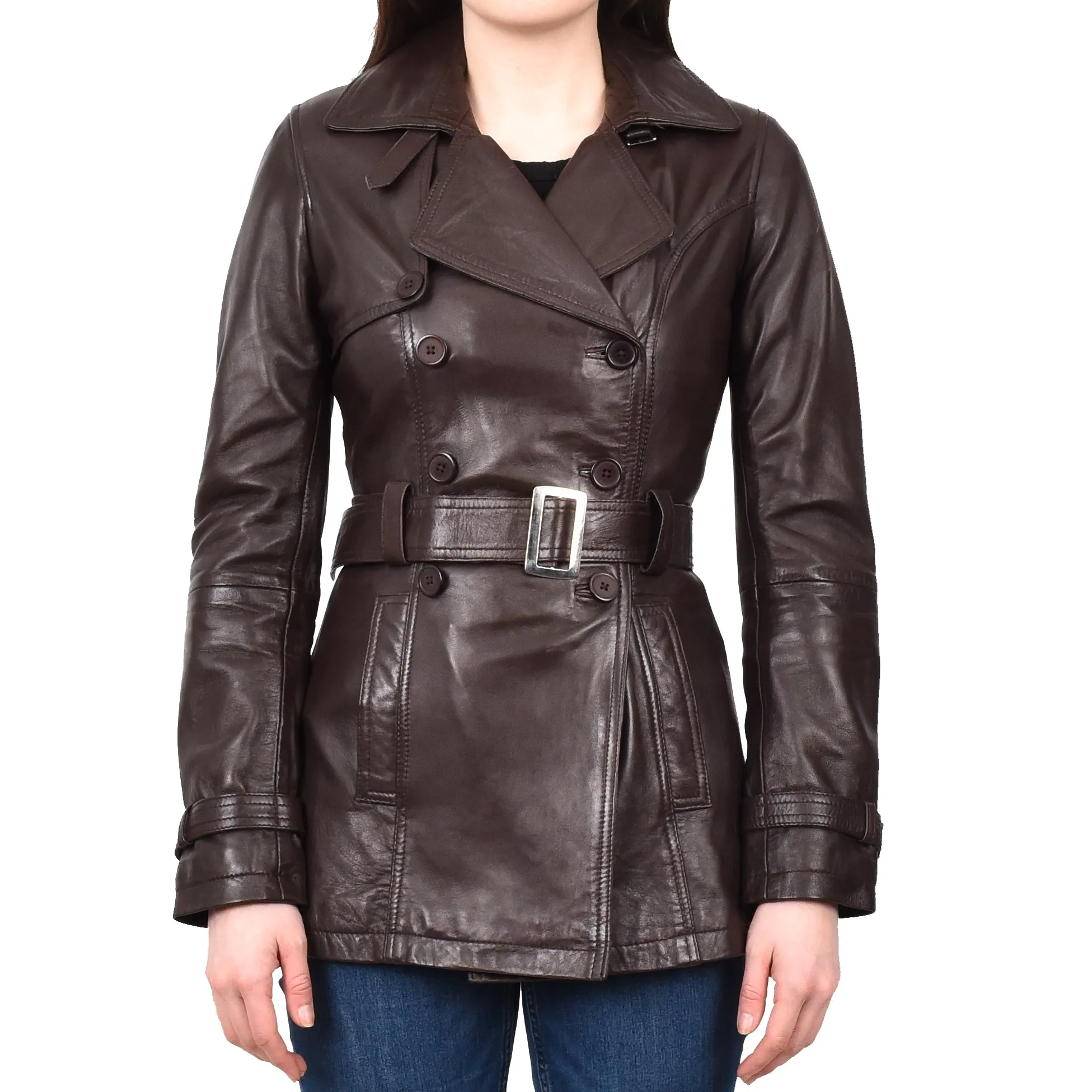 Women's Real Leather Buttoned Coat With Belt Brown GlamTrench
