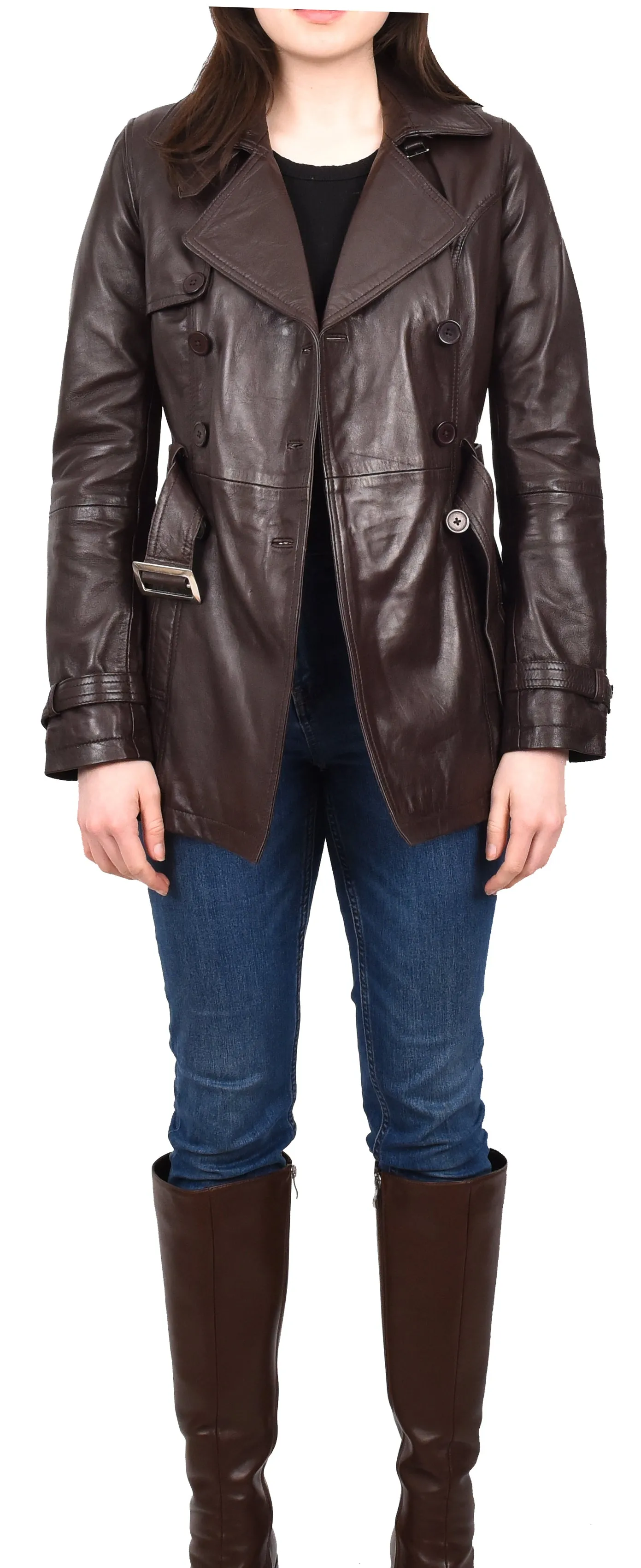 Women's Real Leather Buttoned Coat With Belt Brown GlamTrench