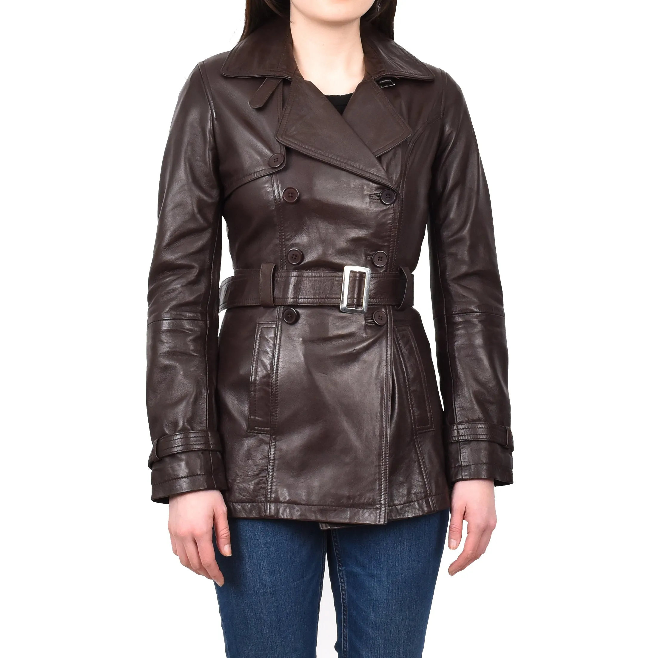 Women's Real Leather Buttoned Coat With Belt Brown GlamTrench