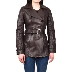 Women's Real Leather Buttoned Coat With Belt Brown GlamTrench