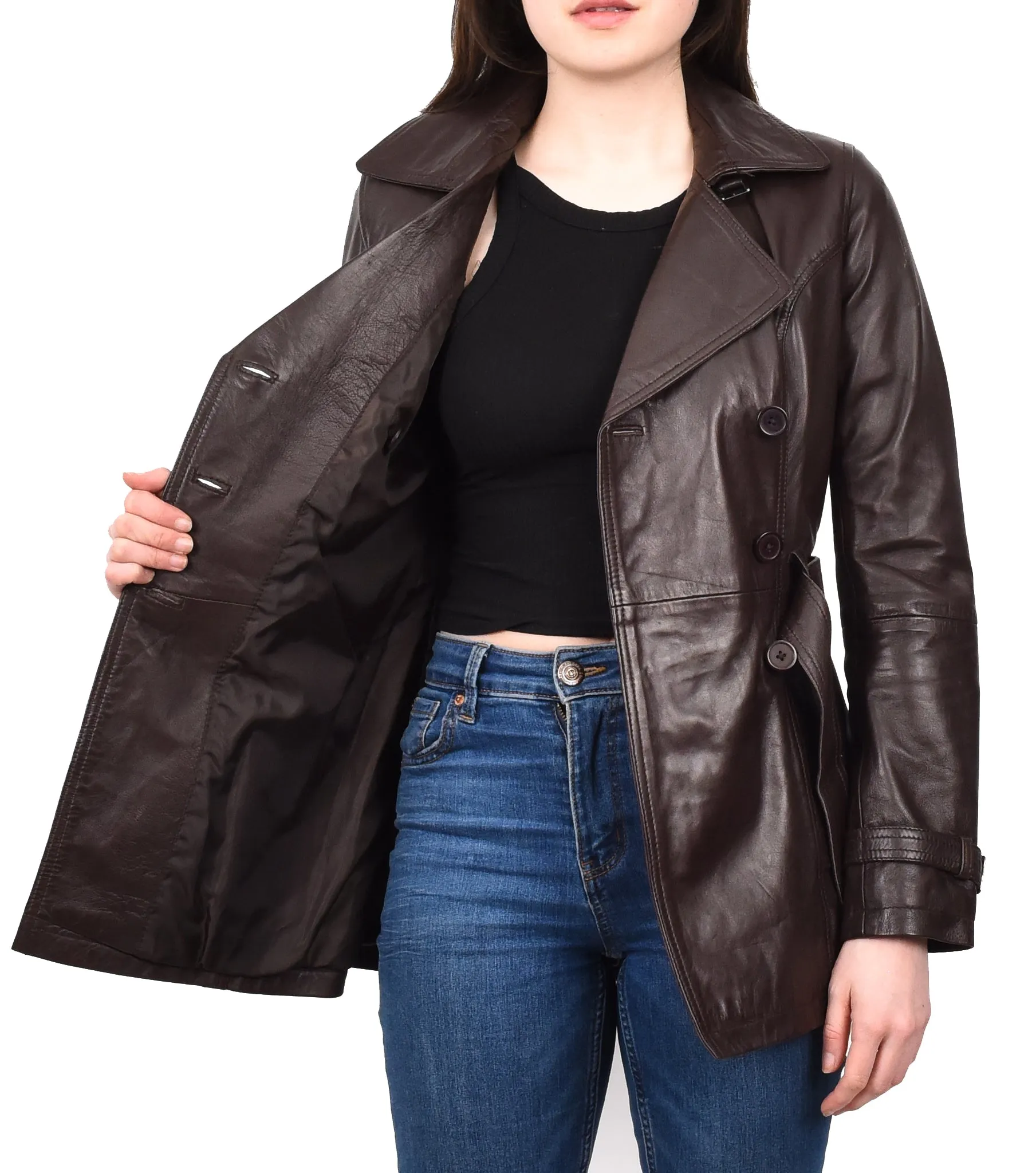 Women's Real Leather Buttoned Coat With Belt Brown GlamTrench