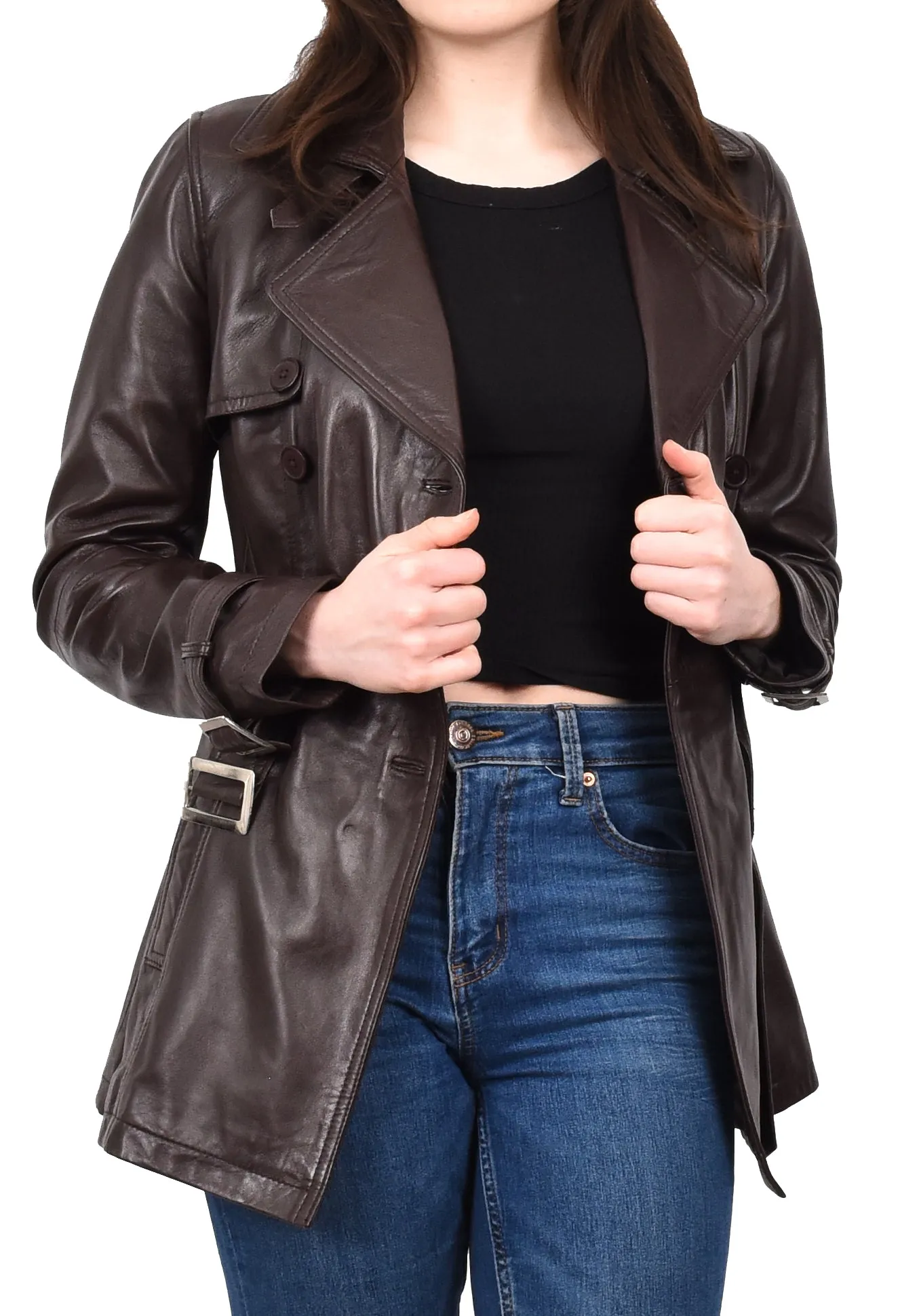 Women's Real Leather Buttoned Coat With Belt Brown GlamTrench