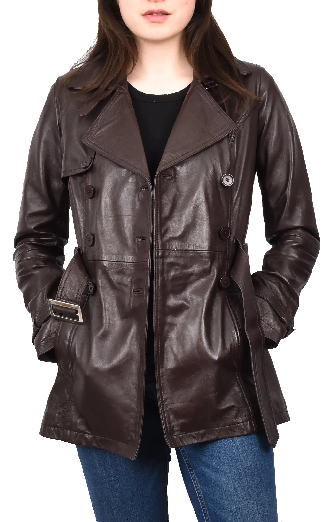 Women's Real Leather Buttoned Coat With Belt Brown GlamTrench