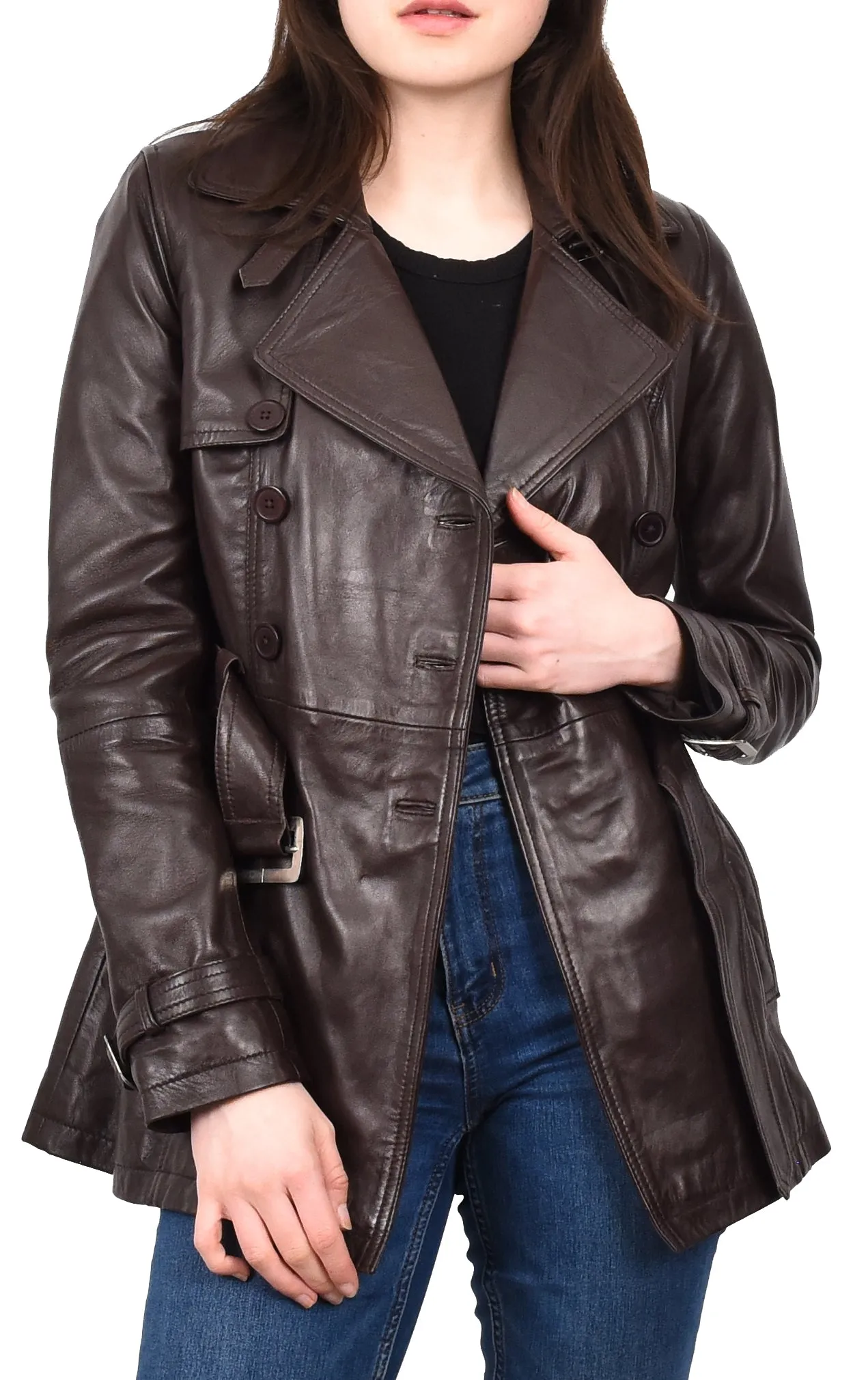 Women's Real Leather Buttoned Coat With Belt Brown GlamTrench