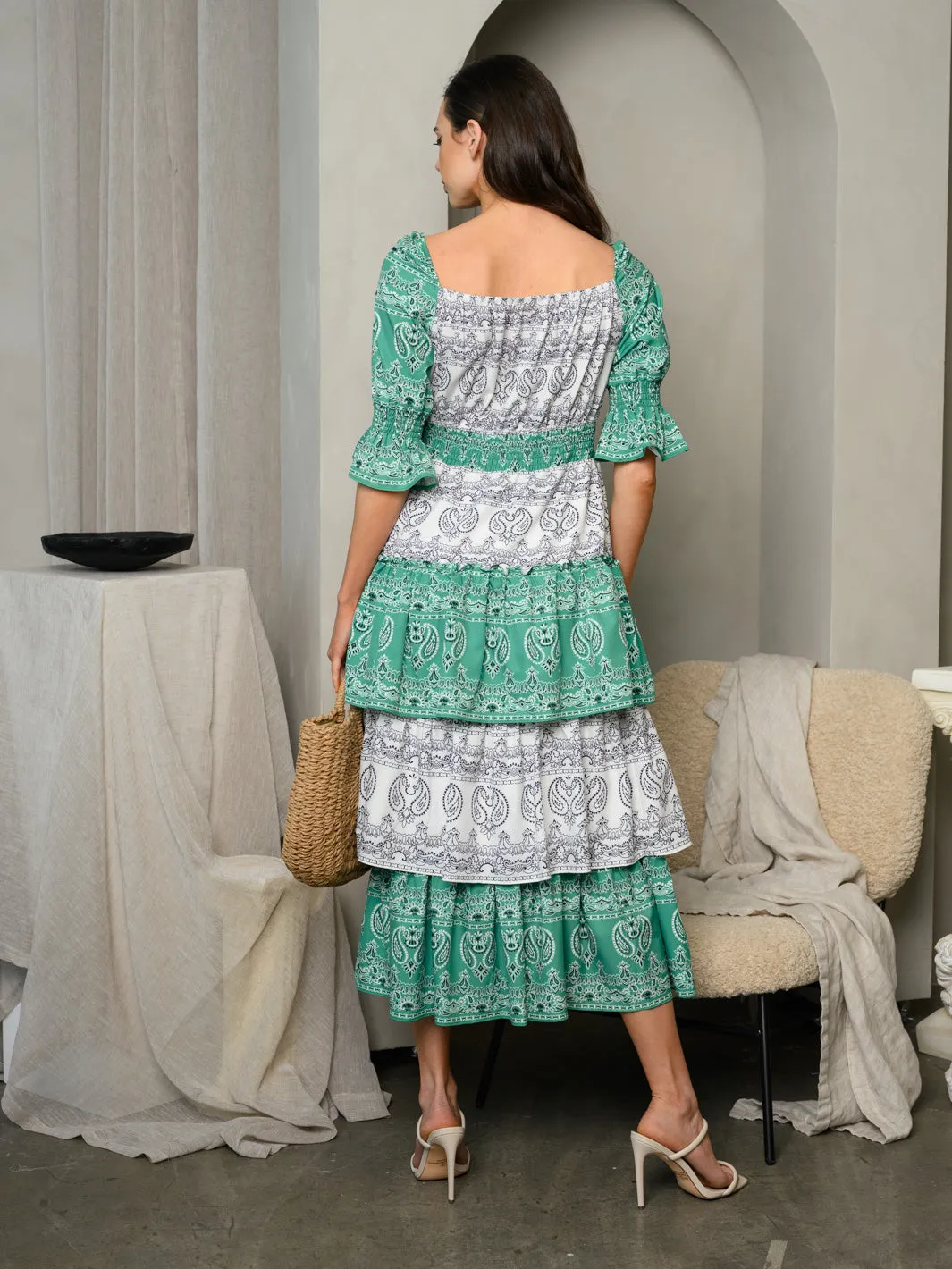 WOMEN'S SHORT SLEEVE TIERED RUFFLE MAXI DRESS