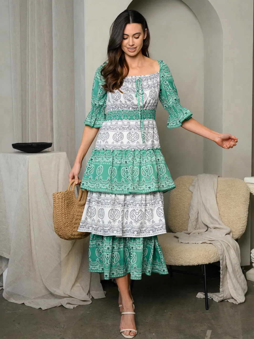 WOMEN'S SHORT SLEEVE TIERED RUFFLE MAXI DRESS