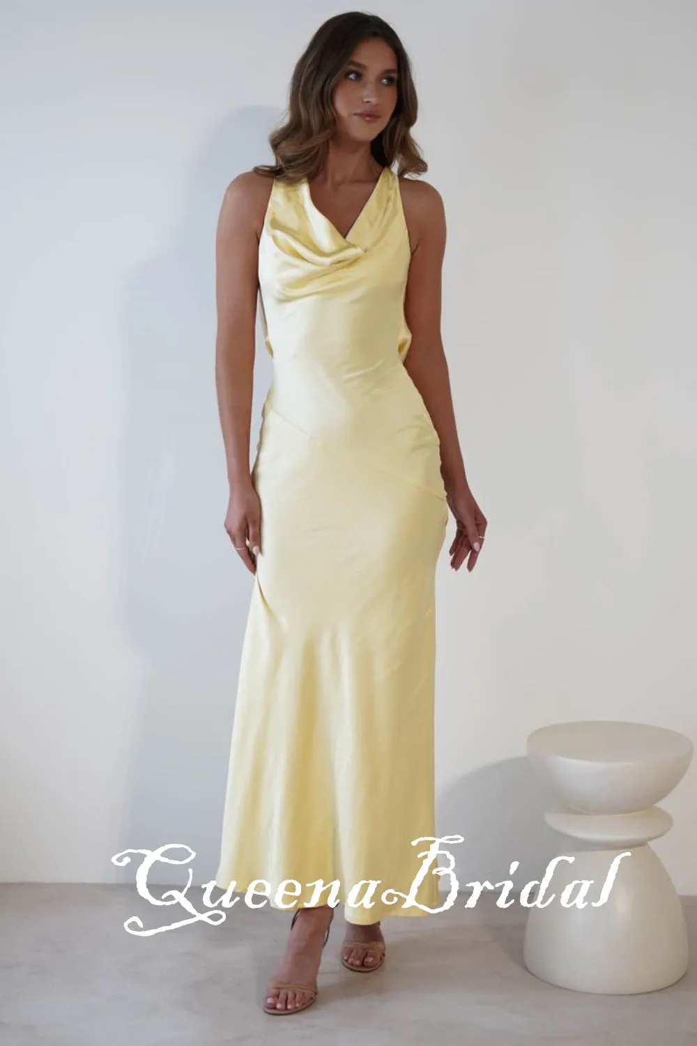 Yellow Halter Sheath Open Back Evening Gown Maxi Long Evening Party Prom Dresses,WGP1080