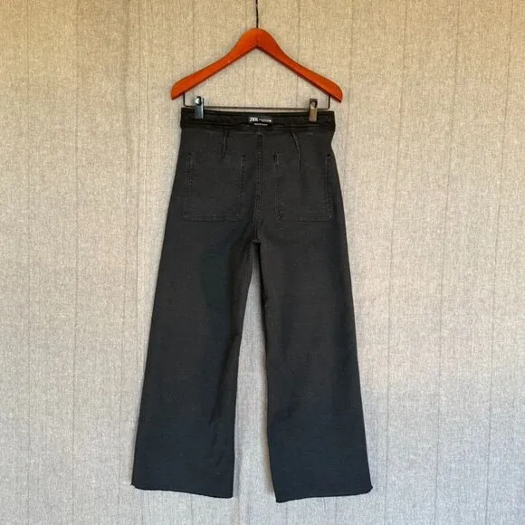 Zara Marine Straight Black Stretch Denim High Rise Wide Leg Raw Hem Jeans Size 8