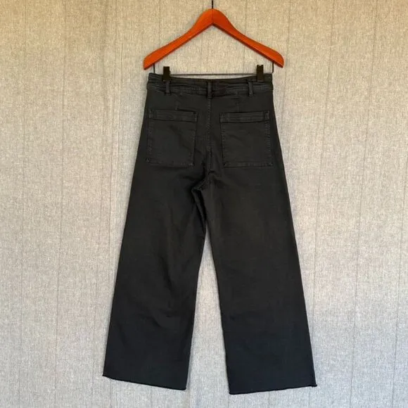 Zara Marine Straight Black Stretch Denim High Rise Wide Leg Raw Hem Jeans Size 8