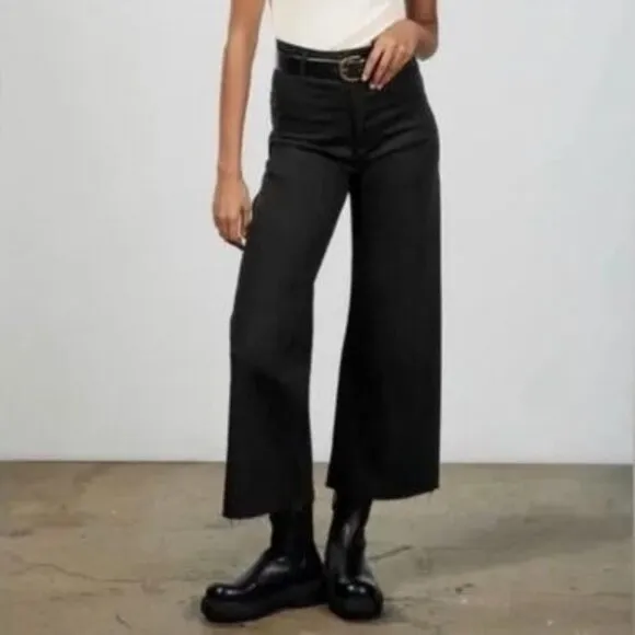 Zara Marine Straight Black Stretch Denim High Rise Wide Leg Raw Hem Jeans Size 8