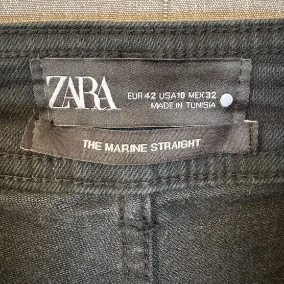 Zara Marine Straight Black Stretch Denim High Rise Wide Leg Raw Hem Jeans Size 8