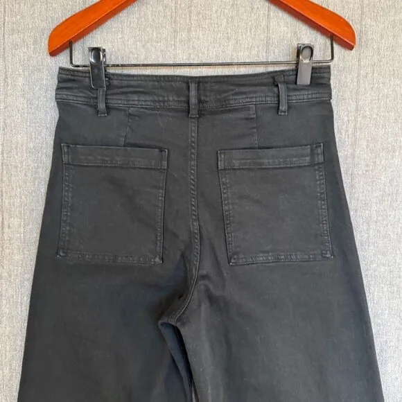 Zara Marine Straight Black Stretch Denim High Rise Wide Leg Raw Hem Jeans Size 8