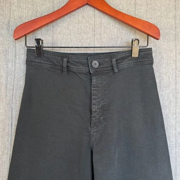 Zara Marine Straight Black Stretch Denim High Rise Wide Leg Raw Hem Jeans Size 8