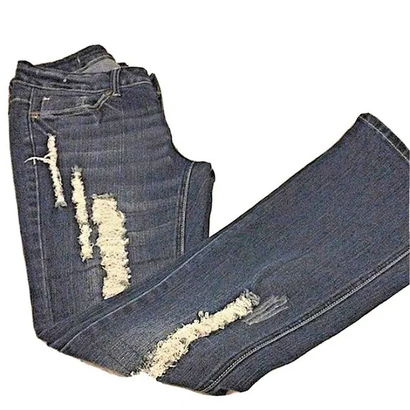 Z.CO Premium Jeans DARK BLUE Distressed High Rise FLARES Size 7 Boot Cut Bohemia