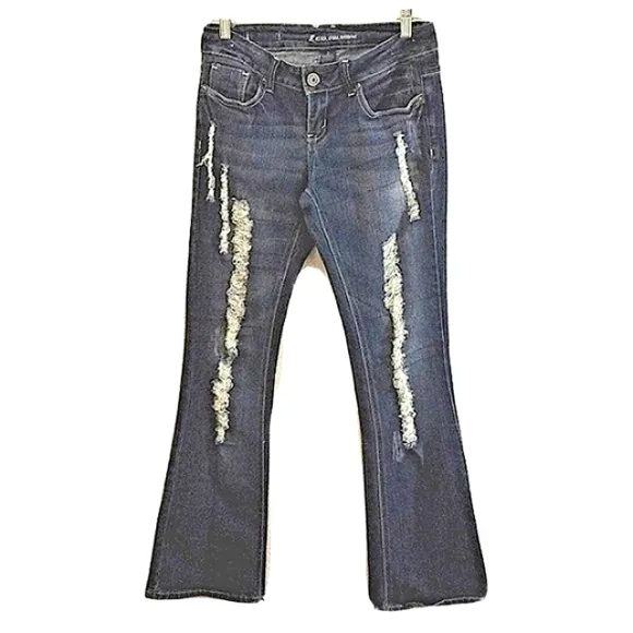 Z.CO Premium Jeans DARK BLUE Distressed High Rise FLARES Size 7 Boot Cut Bohemia