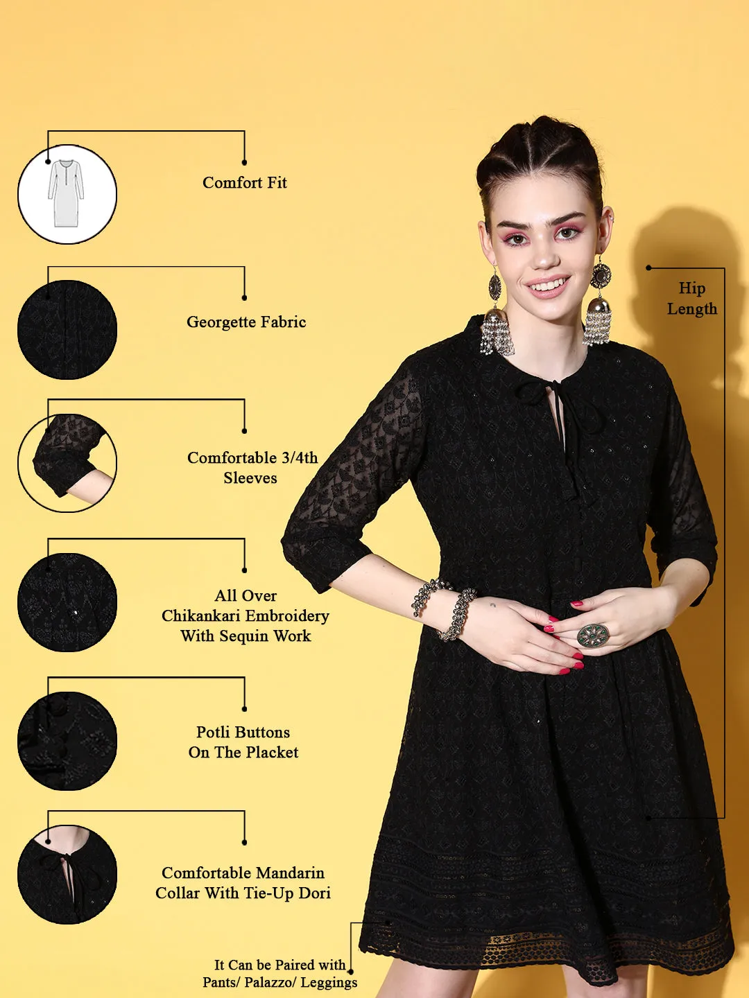 Zola Georgette Mandarin Collar Black Chikankari Embroidery with Sequin Work  Midy for Women